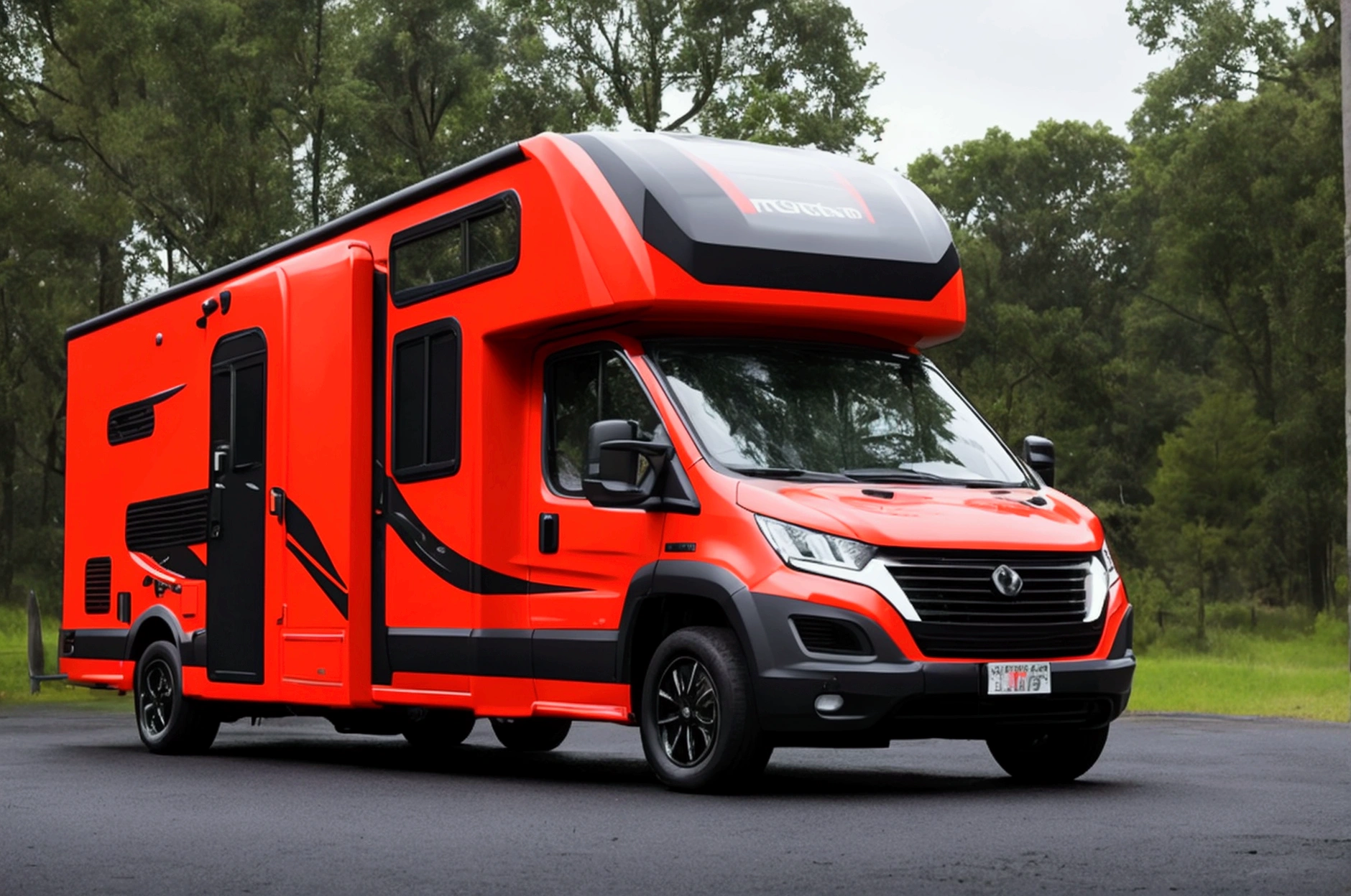 a lone future survivor rv, motorhome, highly detailed photographic image, vivid colors, red, green, blue, yellow, intense contrast, cinematic depth of field, masterfully composed, cinematic camera angle, quiet setting, wet floor, rain, photorealistic, 8k, studio lighting, physically-based rendering, extreme detail description, dramatic lighting, moody atmosphere, cinematic composition, environmental portrait