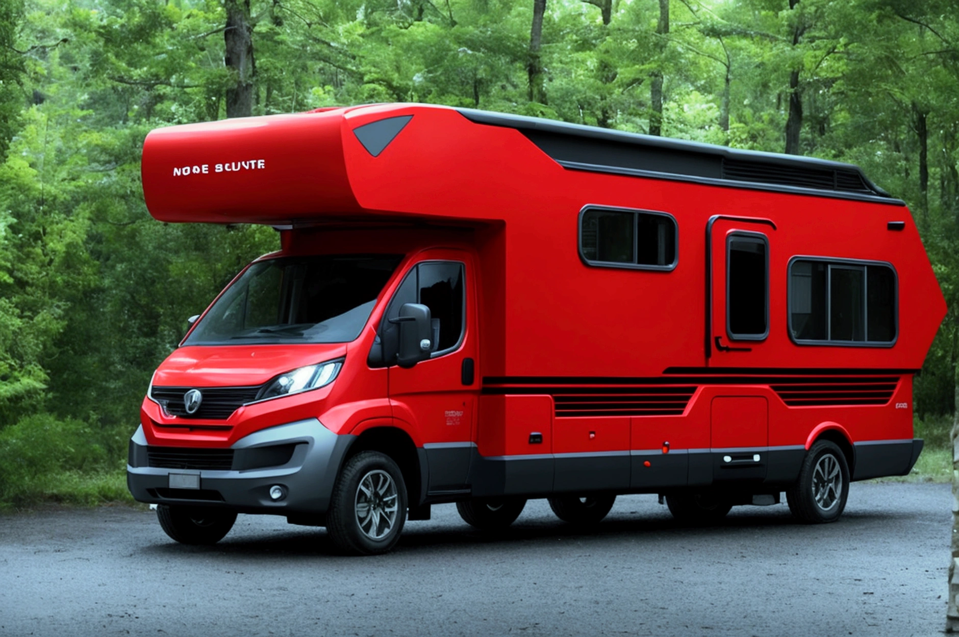 a lone future survivor rv, motorhome, highly detailed photographic image, vivid colors, red, green, blue, yellow, intense contrast, cinematic depth of field, masterfully composed, cinematic camera angle, quiet setting, wet floor, rain, photorealistic, 8k, studio lighting, physically-based rendering, extreme detail description, dramatic lighting, moody atmosphere, cinematic composition, environmental portrait