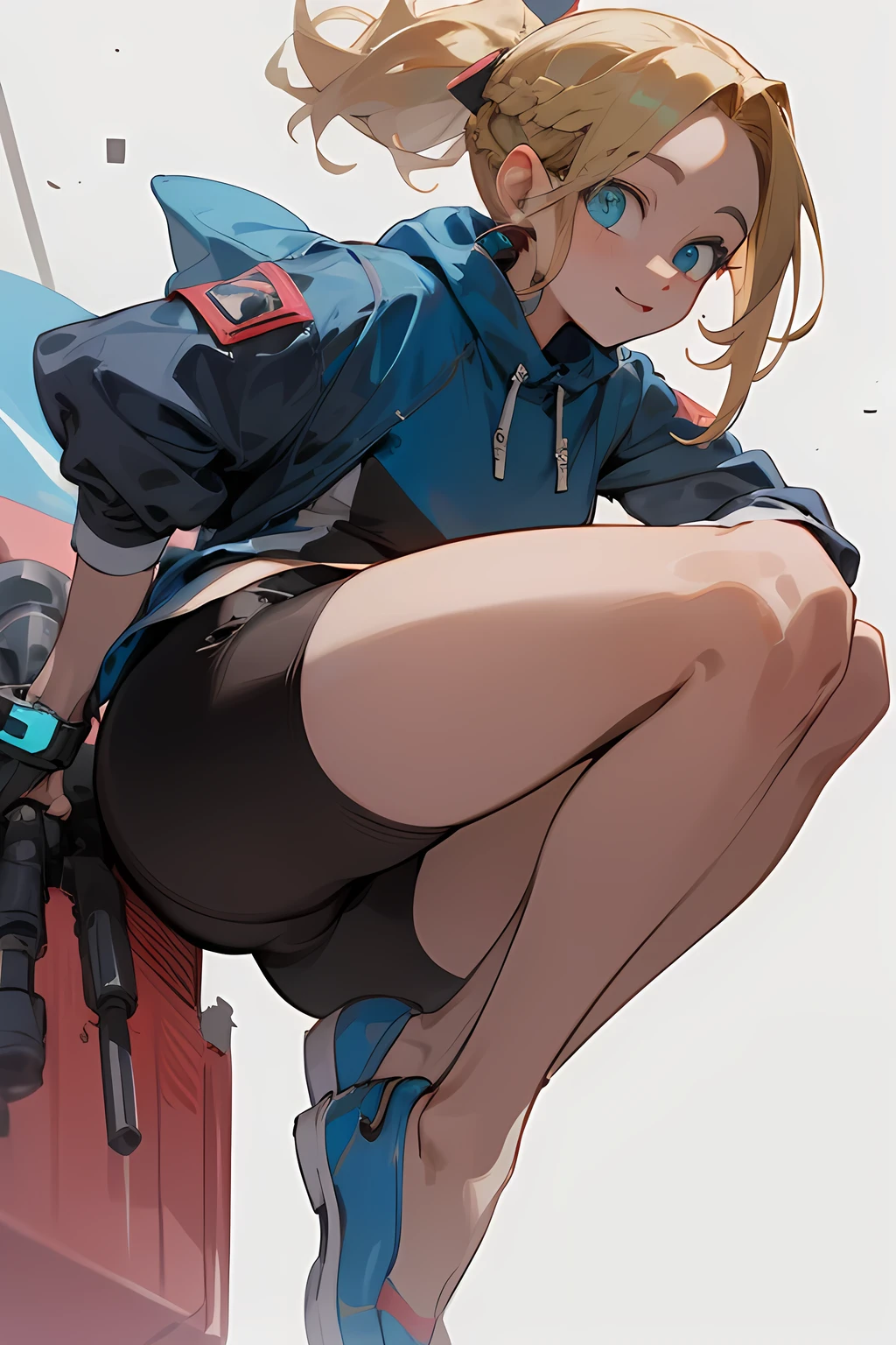 1girl, year, aqua eyes, ass focus, bicycle shorts, black gloves, blonde hair, blue background, blushing, sitting on bollard, bollard masturbation, brand imitation, bulge, comic, year covered, Spanish text, fingerless gloves, from behind, from down, gloves, gradient background, habit, hood hooded jacket, hoodie, huge ass, imminent bollard anal, inminent bollard penetration jacket, leaning forward, long sleeves, looking at viewer, looking down, female focus, medium hair, mischievous face, on the ground, open clothing, open jacket, outdoors, panels, camel toe, pou, puffed sleeves, sign, sitting, tight skin, smile, sweat, drop of sweat, horrible thighs, thighs, thought, assertive woman, high collar, warning sign, wide hips.