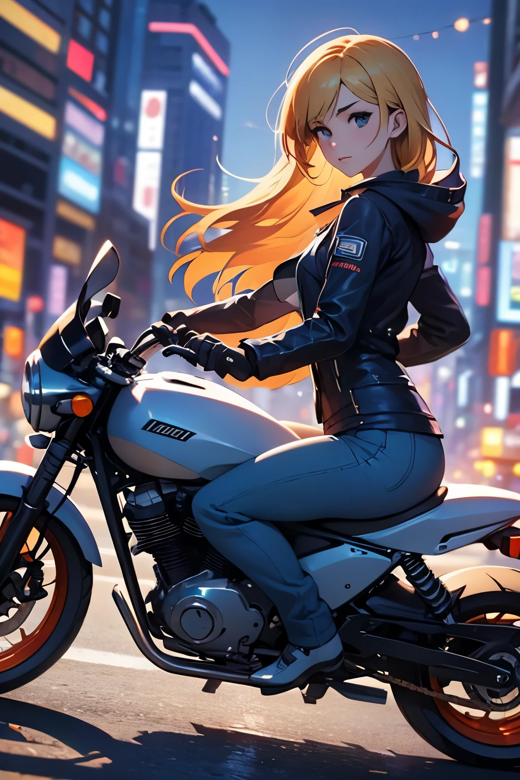 A woman takes a corner on a motorcycle, no helmet, long blonde hair flying, a beautiful woman, a lovely expression, a public road, a speedy depiction