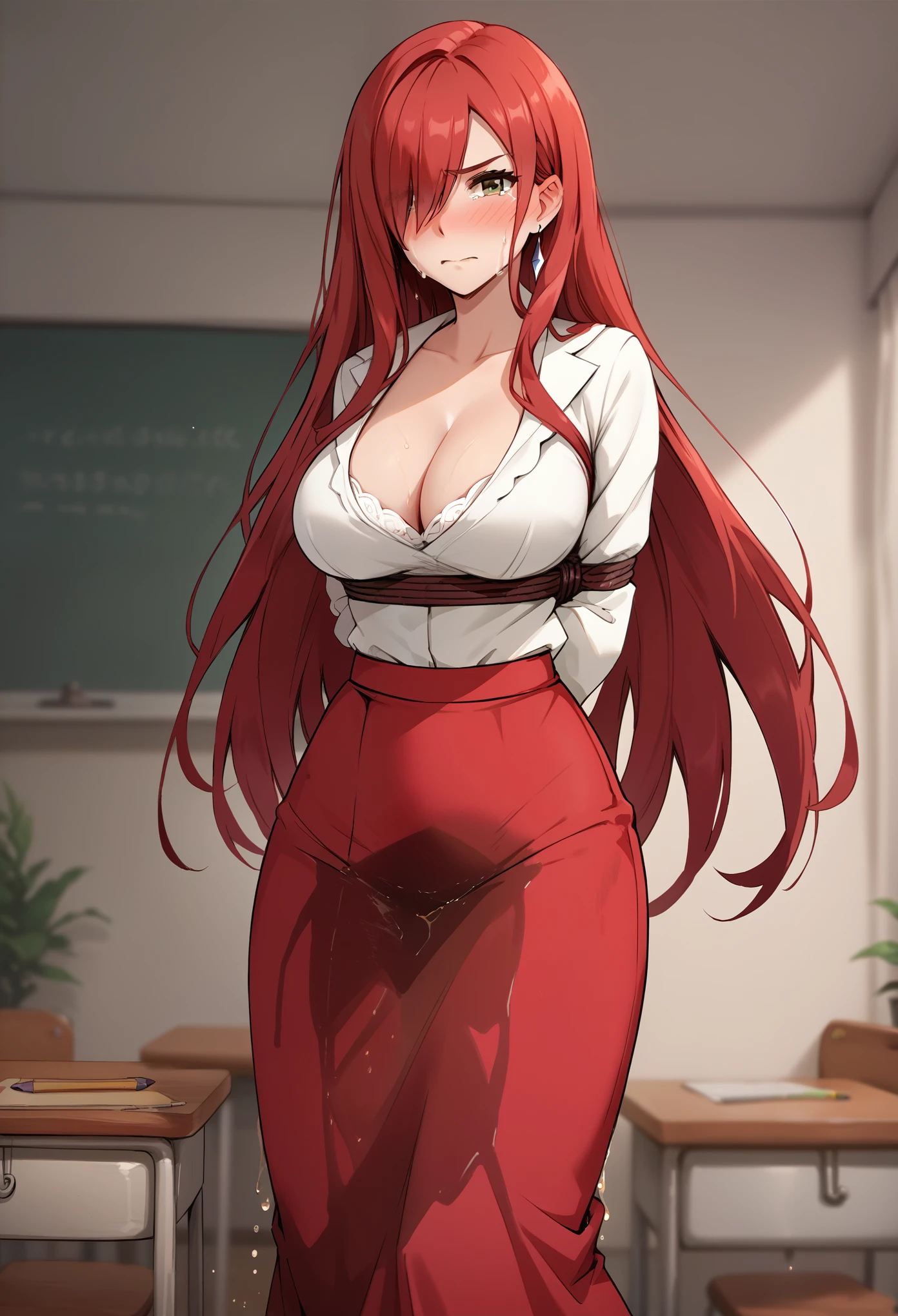 (high quality,Very detailed:1.37, High resolution), 2d, anime, anime style, anime source, Woman, Erza, red hair, dress, extremely long skirt, (pencil skirt:1.25), cleavage, hair over one eye, large breasts, long hair, looking at viewer, brown eyes, masterpiece, best quality, (wetting herself:1.5), embarrassed, humiliation, blushing, standing, (arms behind back:1.5), bondage, bound