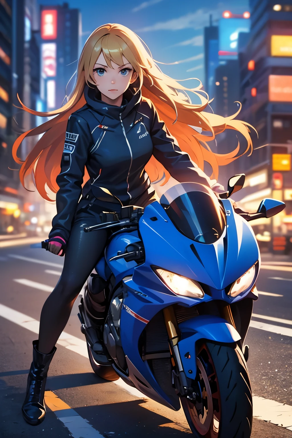 A woman takes a corner on a motorcycle, no helmet, long blonde hair flying, a beautiful woman, a lovely expression, a public road, a speedy depiction