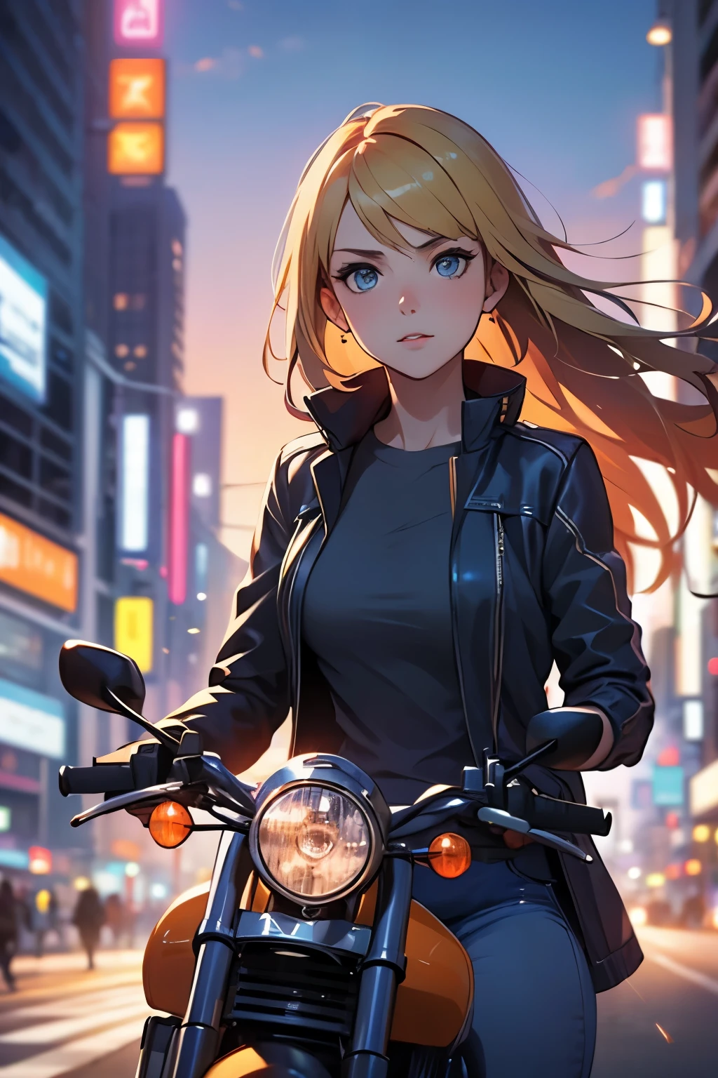 A woman takes a corner on a motorcycle, no helmet, long blonde hair flying, a beautiful woman, a lovely expression, a public road, a speedy depiction