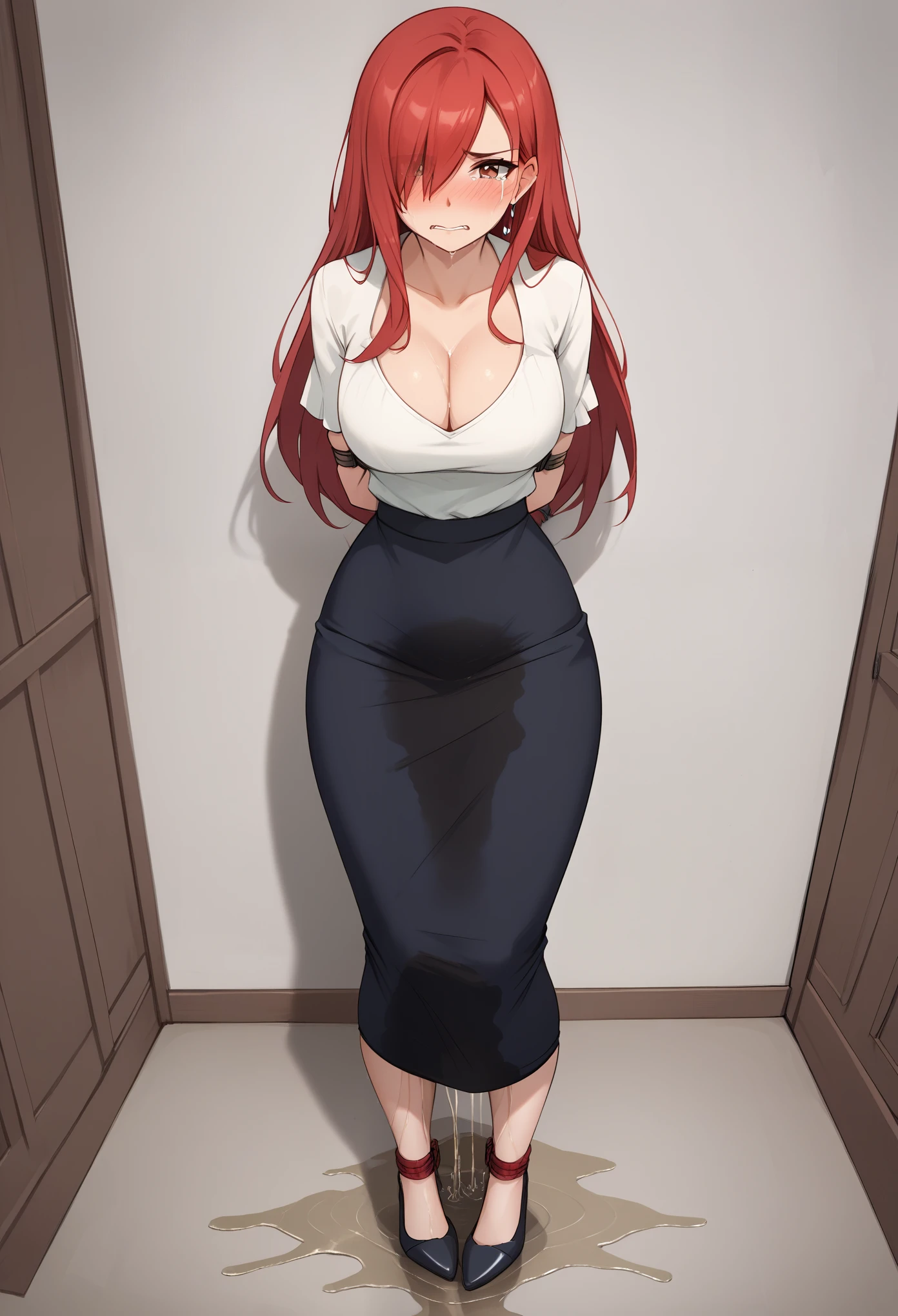 (high quality,Very detailed:1.37, High resolution), 2d, anime, anime style, anime source, Woman, Erza, red hair, dress, extremely long skirt, (pencil skirt:1.25), cleavage, hair over one eye, large breasts, long hair, looking at viewer, brown eyes, masterpiece, best quality, (wetting herself:1.75), embarrassed, humiliation, blushing, standing, (arms behind back:1.5), bondage, bound