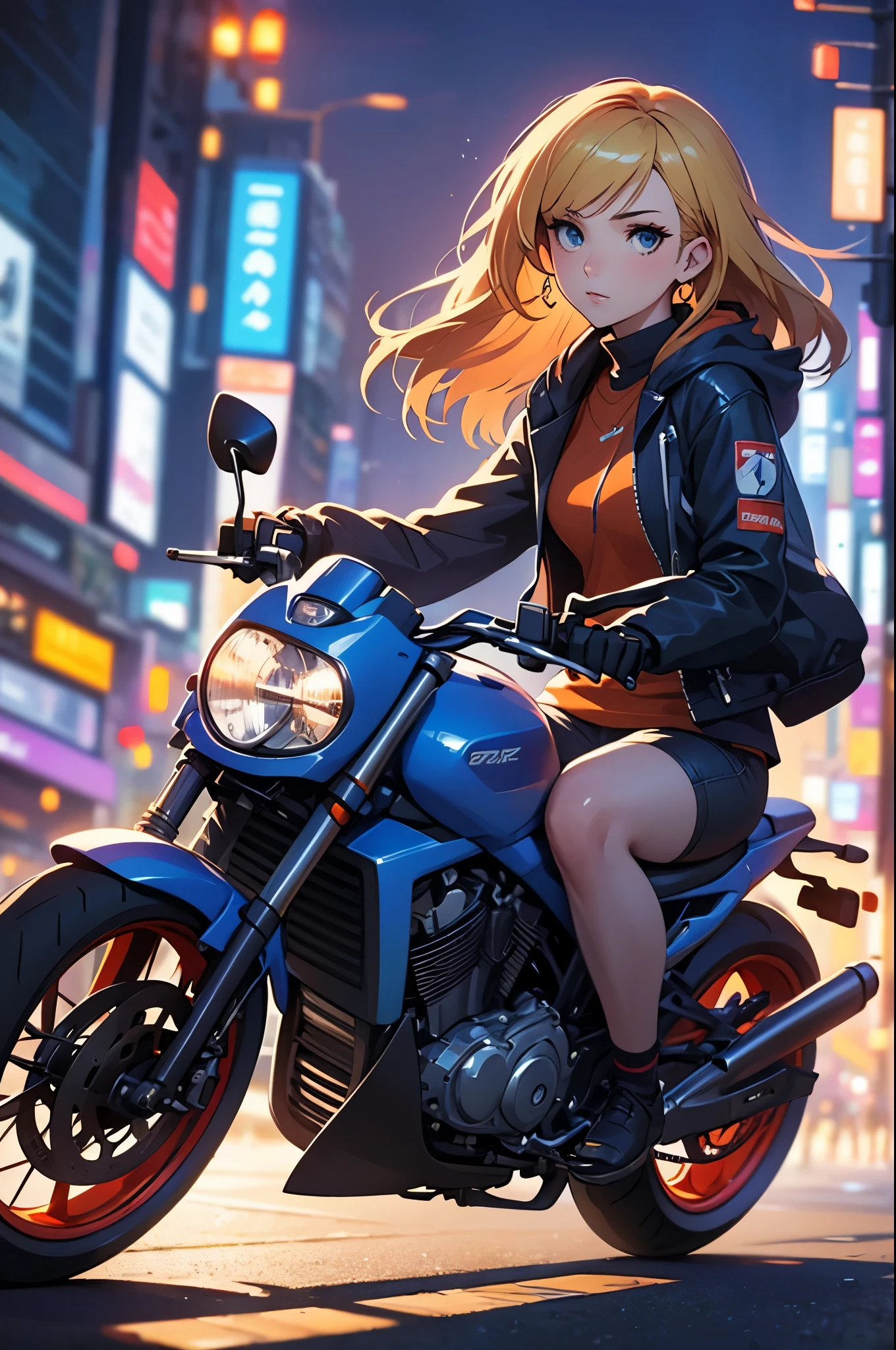 A woman takes a corner on a motorcycle, no helmet, long blonde hair flying, a beautiful woman, a lovely expression, a public road, a speedy depiction