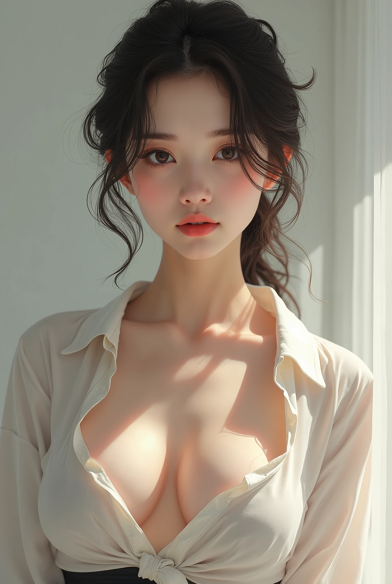 A beautiful woman with her shirt unbuttoned, exposing her cleavage、Realistic、Japanese Model、Real