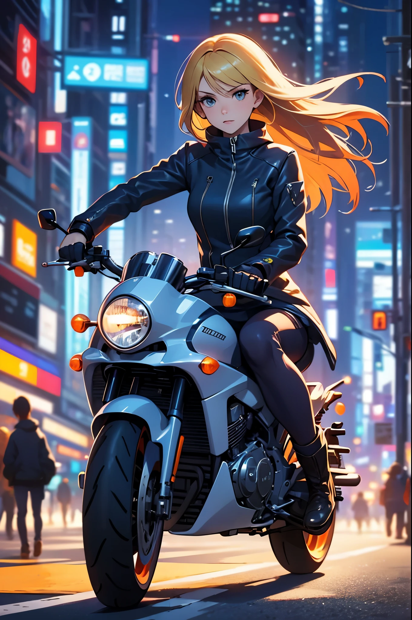 A woman takes a corner on a motorcycle, no helmet, long blonde hair flying, a beautiful woman, a lovely expression, a public road, a speedy depiction