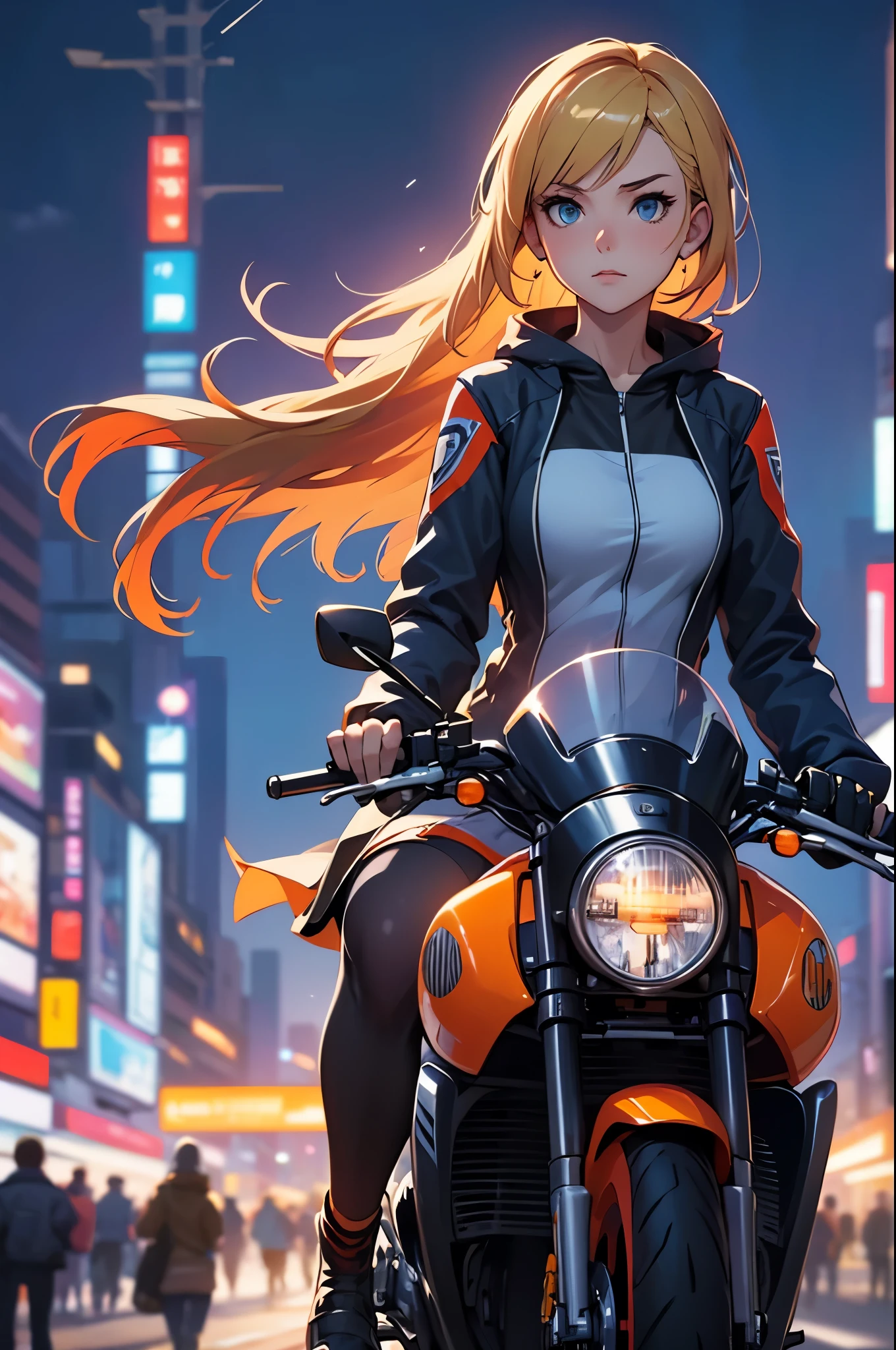 A woman takes a corner on a motorcycle, no helmet, long blonde hair flying, a beautiful woman, a lovely expression, a public road, a speedy depiction