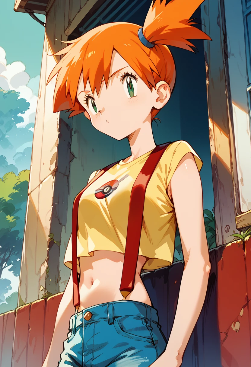 masterpiece,High resolution,Highest quality,8k
(Misty_Pokemon)
(short hair,Orange Hair,one side up hair,Big green eyes,Small breasts,Skinny)
(Yellow sleeveless T-shirt,Belly button exposed,Denim hot pants,Red suspenders)