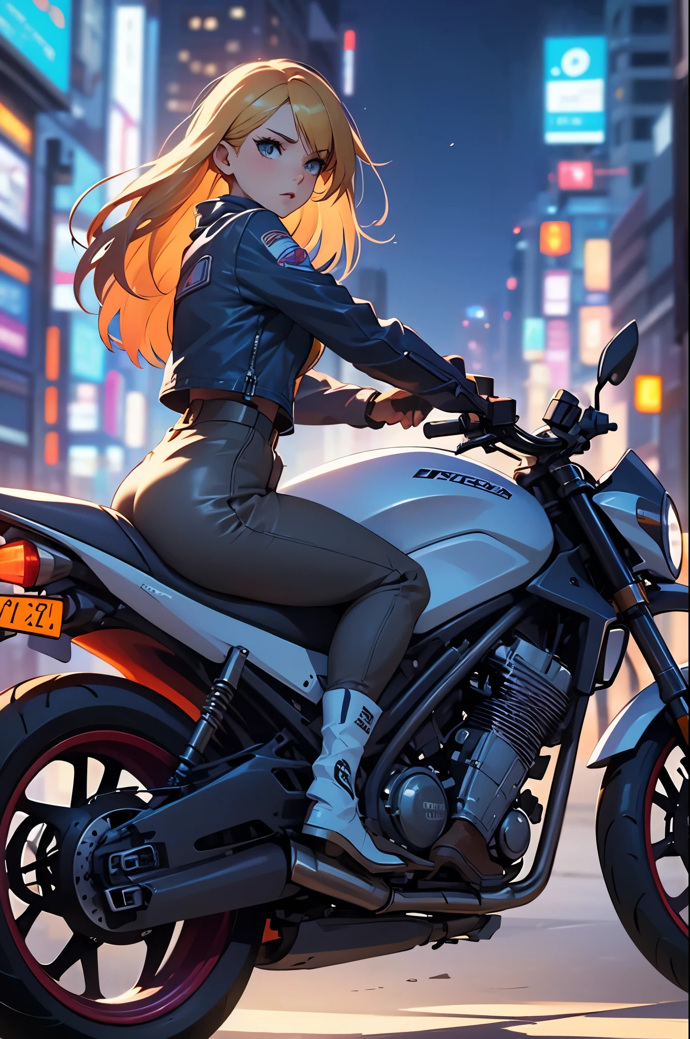 A woman takes a corner on a motorcycle, no helmet, long blonde hair flying, a beautiful woman, a lovely expression, a public road, a speedy depiction