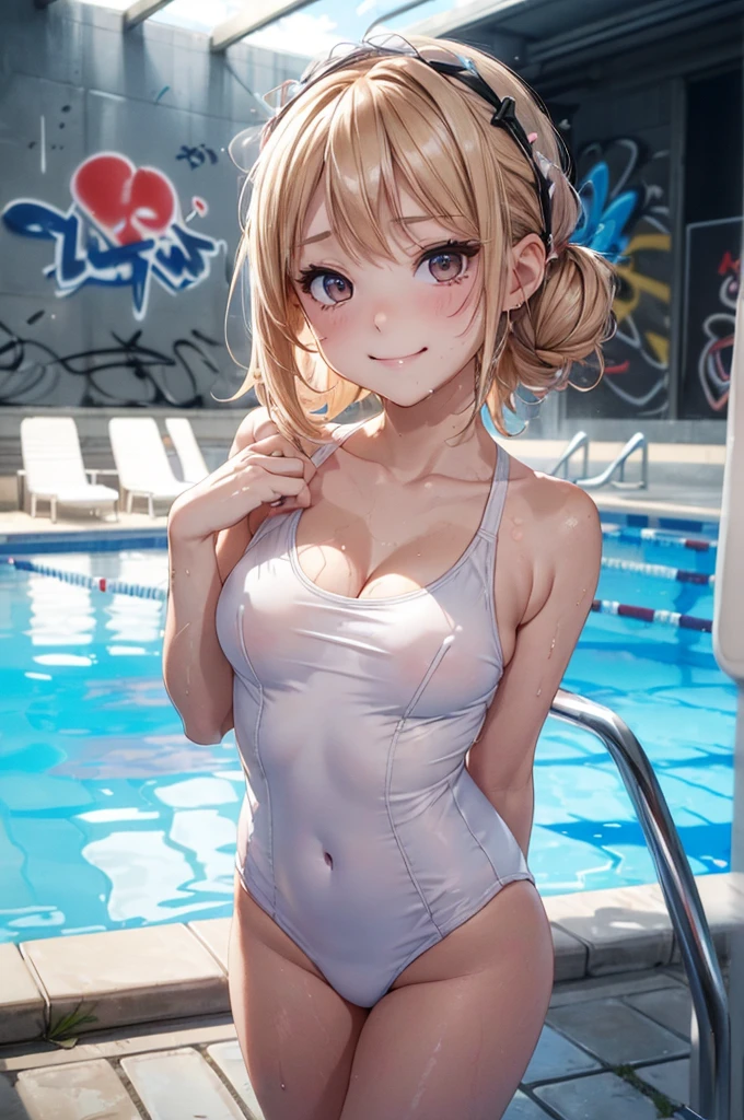 (dynamic angle),in the poolside, sitting, pale Light orange Hair, long hair, twintails, hair black ribbon, girl１, upper body,(show off nipples:1.6), (exposing bare breasts:1.3), (exposed chest:1.3), (small nipples:1.2), (small areolas:1.2), kawaii, cute, pale purple eyes, (shy), (blush),evil smile, very small white micro bikini