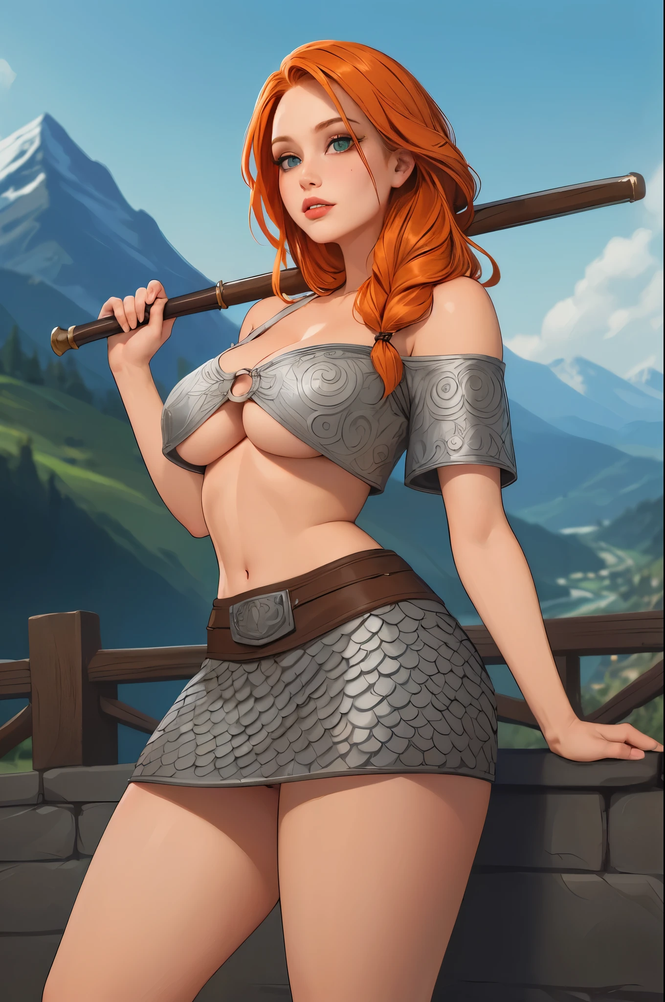 Fantasy Female sorceress, red hair, fair skin, ice tattoo, freckles, topless, crystal necklace, ice dagger, perky nipples