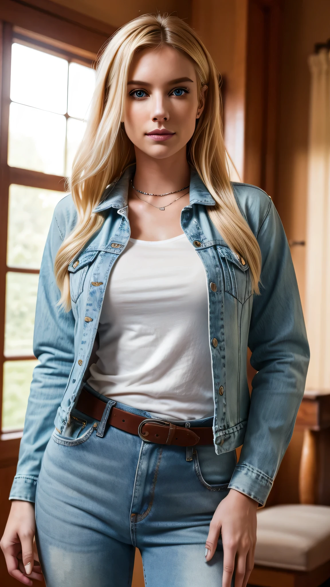 Beautiful woman in light blue jeans, Beautiful blonde woman, long blonde hair, light eyes, Closed mouth, Pale skin, LOVELY FACE EXPRESSION, looking to the camera, curvy athletic body, light blue denim jacket, brown belt, covered abdomen, light blue skinny jeans, strong thighs, white long sleeve t-shirt, neckline, high tennis shoes, full body perspective, dark and wide hallway, huge windows, light, sun, backlight, masterpiece, accurate image