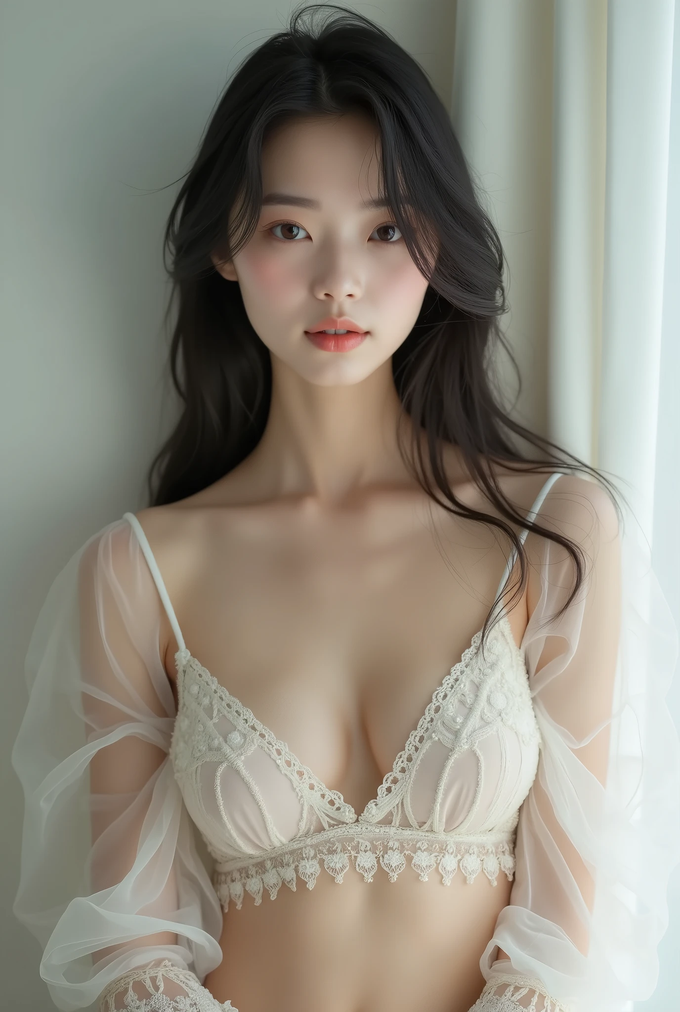 A realistic photo of a beautiful woman wearing see-through clothing、Japanese Model、Real