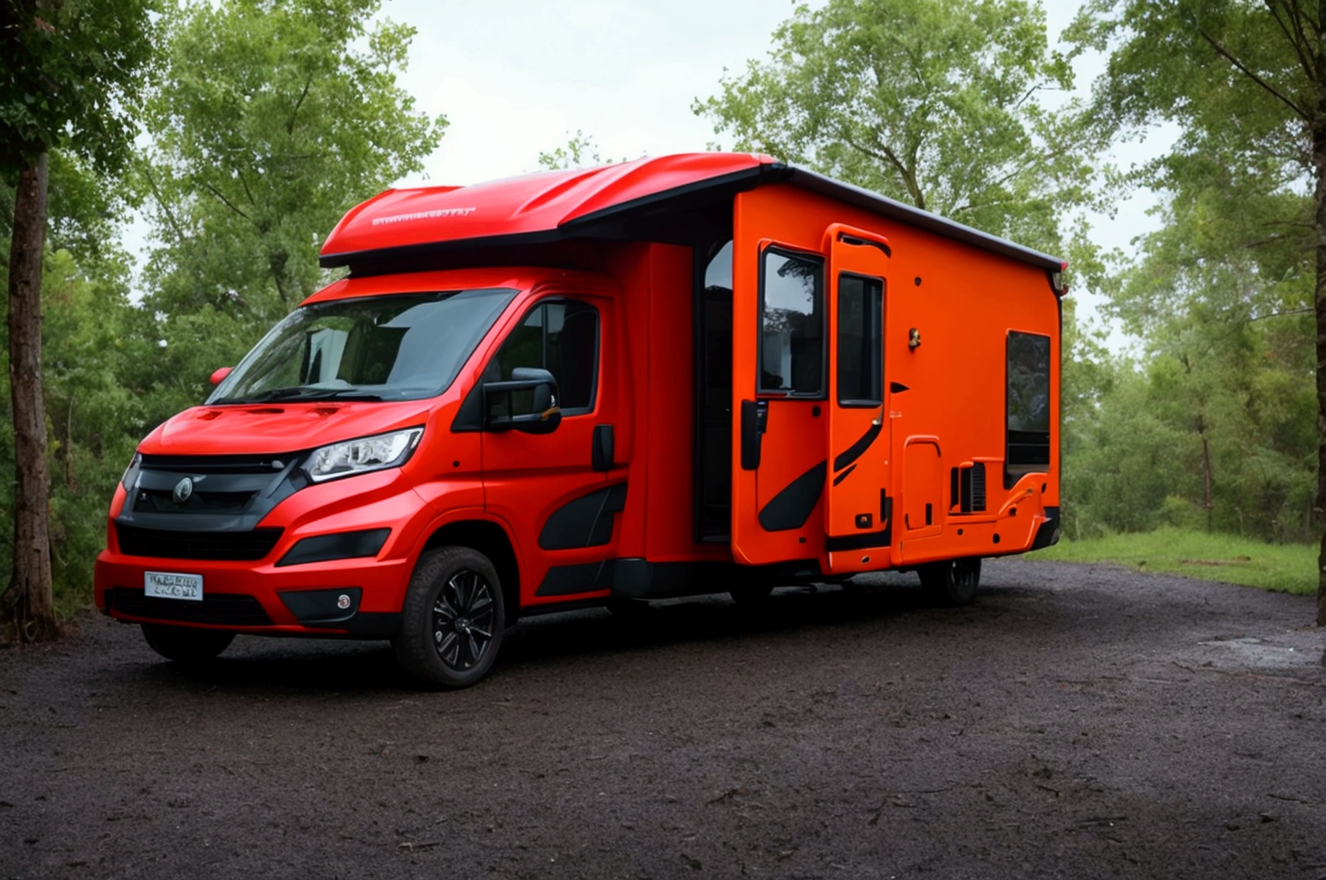 a lone future survivor rv, motorhome, highly detailed photographic image, vivid colors, red, green, blue, yellow, intense contrast, cinematic depth of field, masterfully composed, cinematic camera angle, quiet setting, wet floor, rain, photorealistic, 8k, studio lighting, physically-based rendering, extreme detail description, dramatic lighting, moody atmosphere, cinematic composition, environmental portrait