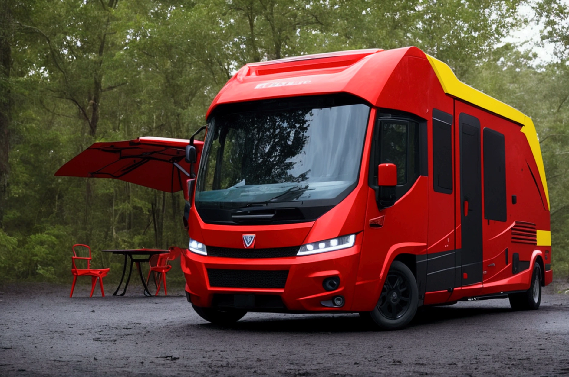 a lone future survivor rv, motorhome, highly detailed photographic image, vivid colors, red, green, blue, yellow, intense contrast, cinematic depth of field, masterfully composed, cinematic camera angle, quiet setting, wet floor, rain, photorealistic, 8k, studio lighting, physically-based rendering, extreme detail description, dramatic lighting, moody atmosphere, cinematic composition, environmental portrait