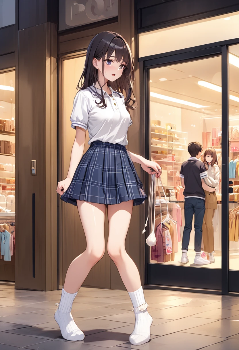 (((masterpiece, Highest quality, High resolution, 超High resolution, Perfect Pixel, Depth of written boundary, 4K, RTTX 10.0))), Beautiful Anime Woman, Beautiful art style, Anime characters, ((Smooth texture, Realistic texture, Anime CG Style)), Exact finger count、Exact number of legs、(Exact number of arms:1.0, Exact number of hands:1.0), (Perfect hands, Perfect Anatomy), Cinematic, Realistic, Extremely detailed CG, Daytime lighting, Perfect lighting, Best Shadow, The best natural light, whole body, Perfect body, Slender body, ((bangs, Dark reddish brown hair, Stylish hairstyle), Long Hair), (Detailed face, Cute Face), (An adult woman is walking while lifting her skirt with her hands.:1.7), (Fashionable white shirt, Sailor suit, Navy blue sailor collar, Navy blue knee socks, loafers, Navy pleated mini skirt:1.3)、Angle from the front, ((Sexy and stylish magenta underwear:1.3), (Glossy satin panties, Lace panties:1.3), (Magenta Panties:1.3)), (Beautiful big boobs), (The chest area of the shirt is tight:1.2), (Beautiful and thin thighs:1.3), Feeling embarrassed, (blush:1.2), (Very embarrassed look:1.5), (School corridor, Corridor with windows, Many male students in the background, Male students looking at women:1.4)