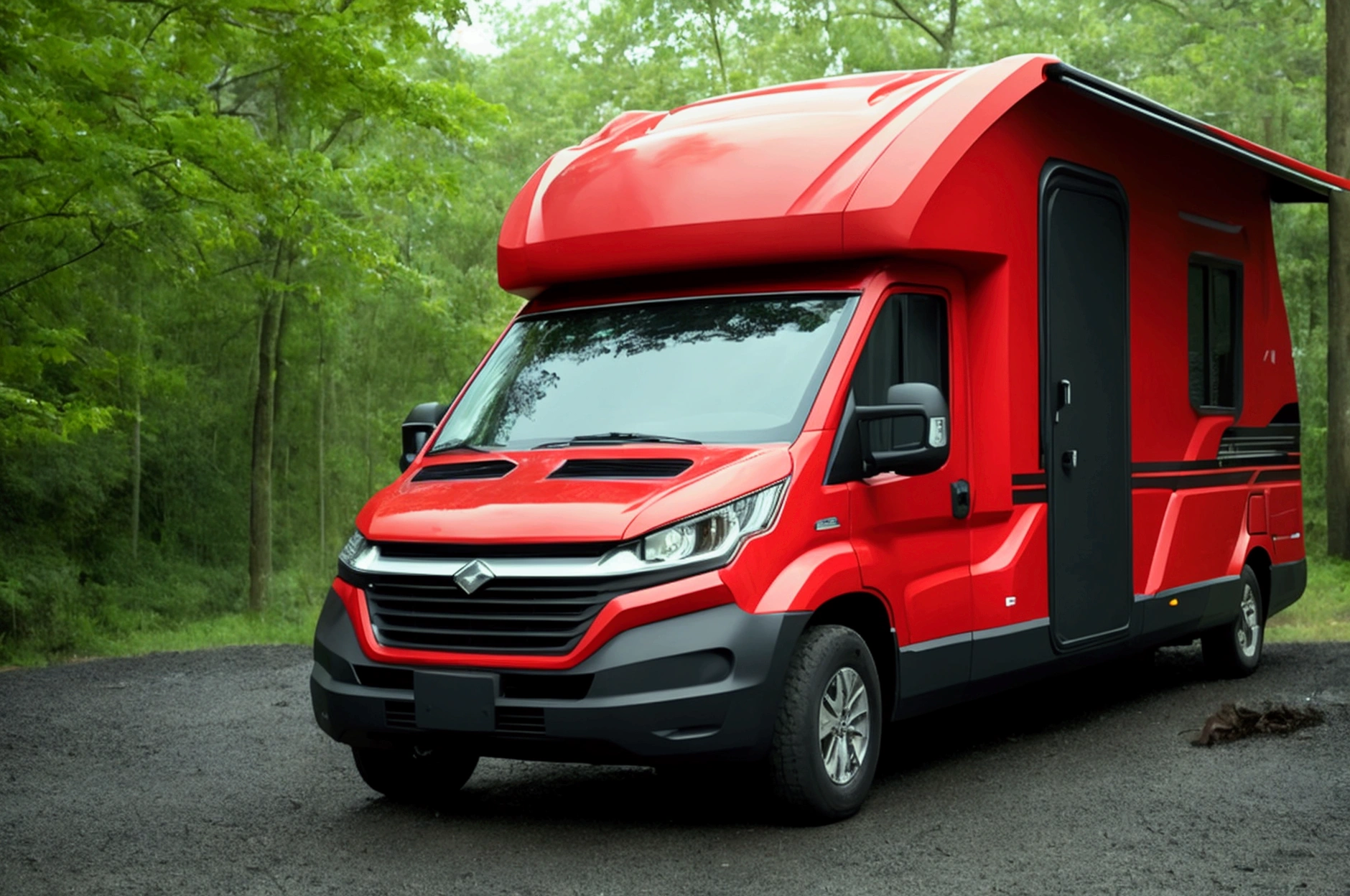 a lone future survivor rv, motorhome, highly detailed photographic image, vivid colors, red, green, blue, yellow, intense contrast, cinematic depth of field, masterfully composed, cinematic camera angle, quiet setting, wet floor, rain, photorealistic, 8k, studio lighting, physically-based rendering, extreme detail description, dramatic lighting, moody atmosphere, cinematic composition, environmental portrait