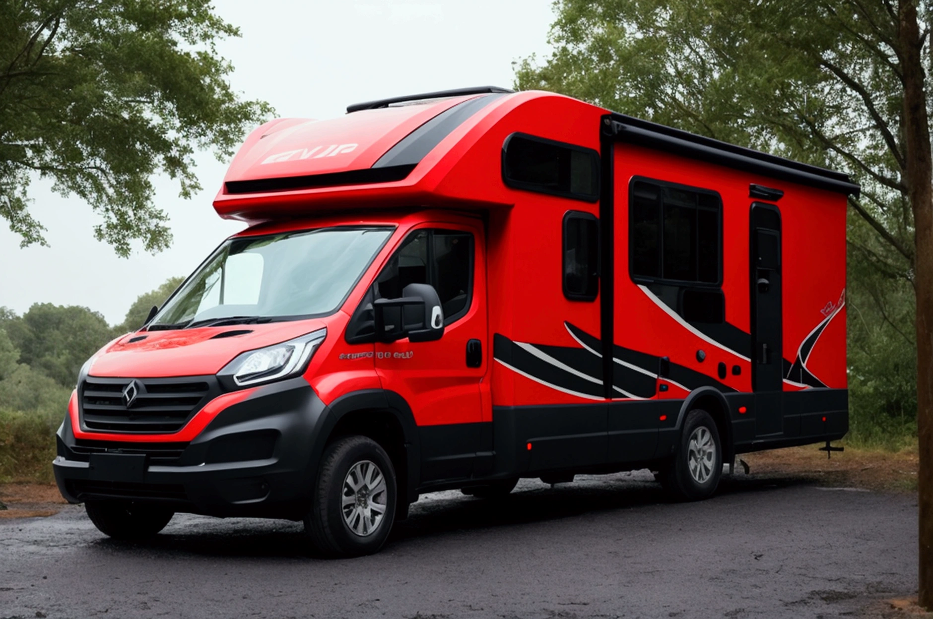 a lone future survivor rv, motorhome, highly detailed photographic image, vivid colors, red, green, blue, yellow, intense contrast, cinematic depth of field, masterfully composed, cinematic camera angle, quiet setting, wet floor, rain, photorealistic, 8k, studio lighting, physically-based rendering, extreme detail description, dramatic lighting, moody atmosphere, cinematic composition, environmental portrait