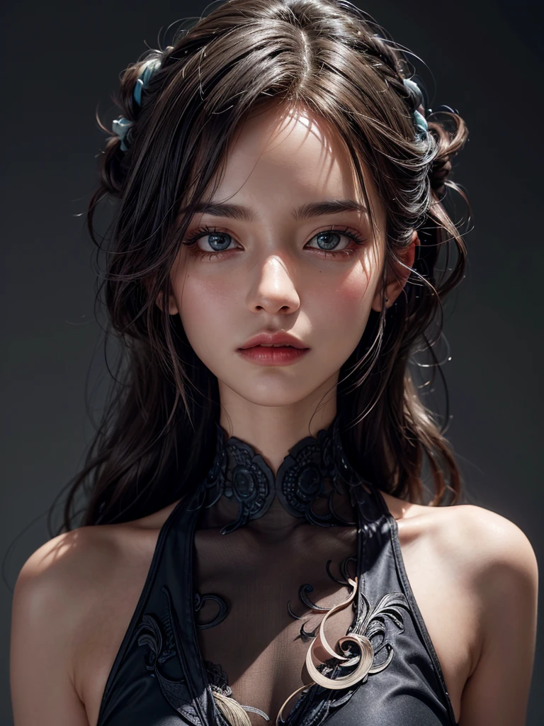 (Girl in a semi-transparent off-the-shoulder black dress)、、(フォトRealistic:1.4)、(ハイパーRealistic:1.4)、(Realistic:1.3)、(Smooth lighting:1.05)、(Improved Cinematic Lighting Quality:0.9)、.32K、1girl、20yo girl、Realistic lighting、Backlight、Face light、light、(Brightening Light:1.2)、(Improve image quality:1.4)、(Highest quality realistic skin texture:1.4)、Detailed drawn eyes、Detailed painted face、(Big Blue Eyes)、Close-up of face、A shirt that shows a large cleavage、(Enhances the body line:1.1)、(Beautiful textured skin:1.1)