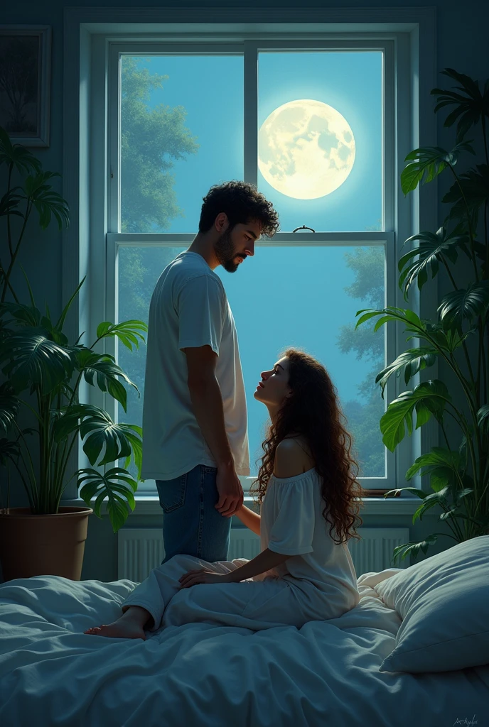 (photorealism:1.2), beautiful demon woman, sitting on bed with a charismatic man in love with her on his knees for her,she is wearing loose off-shoulder top, pajama pants, long curly hair, indoors, dark lighting, plants in background, window with moonlight, cozy room, relaxed pose, retro anime cartoon style, intricate details, warm colors, by Greg Rutkowski, by Alphonse Mucha