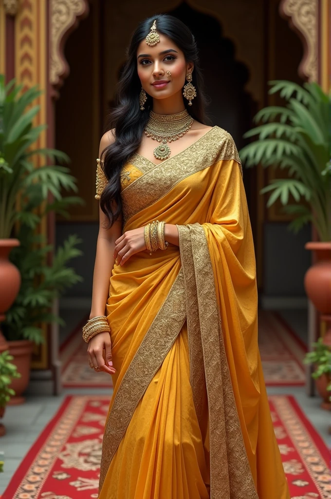 Indian girl 33 years, bob cut hair, expensive silk yellow saree, full length body photograph, looking straight at the camera, big cute smile, sexy figure, dusky cute face, North Indian girl, similar looking to Kiara, full body length photo inducing her feet.