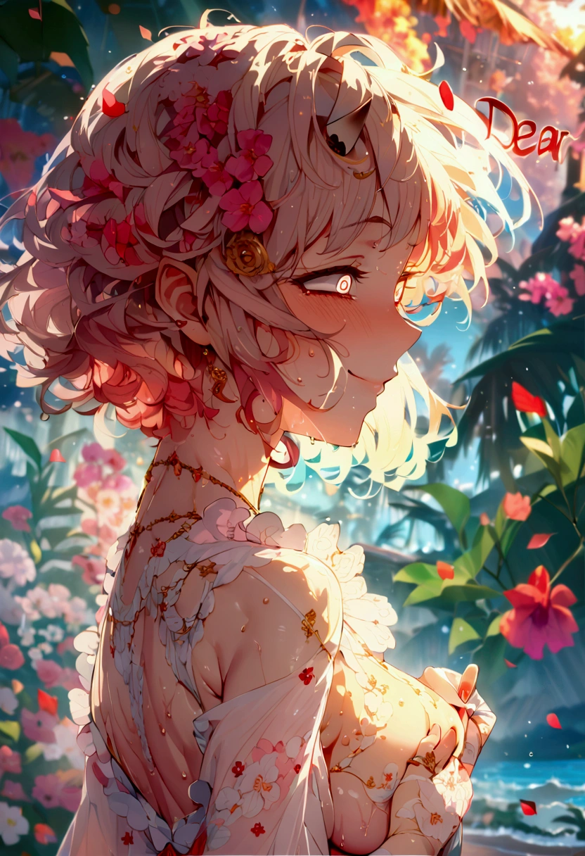 young man, twink, (((male))), (((man))), (((one person))), single, solo, (((very light blonde hair))), (((pink colored eyes))), (medium short hair), (chin-length hair), wavy hair, slim body, ((flat chest)), (((wearing fantasy clothes))), ((fantasy style)), ((wearing flowers in his hair)), flowercrown, ((pointy ears)), sunny weather, (((light pink colored eyes))), smooth skin
