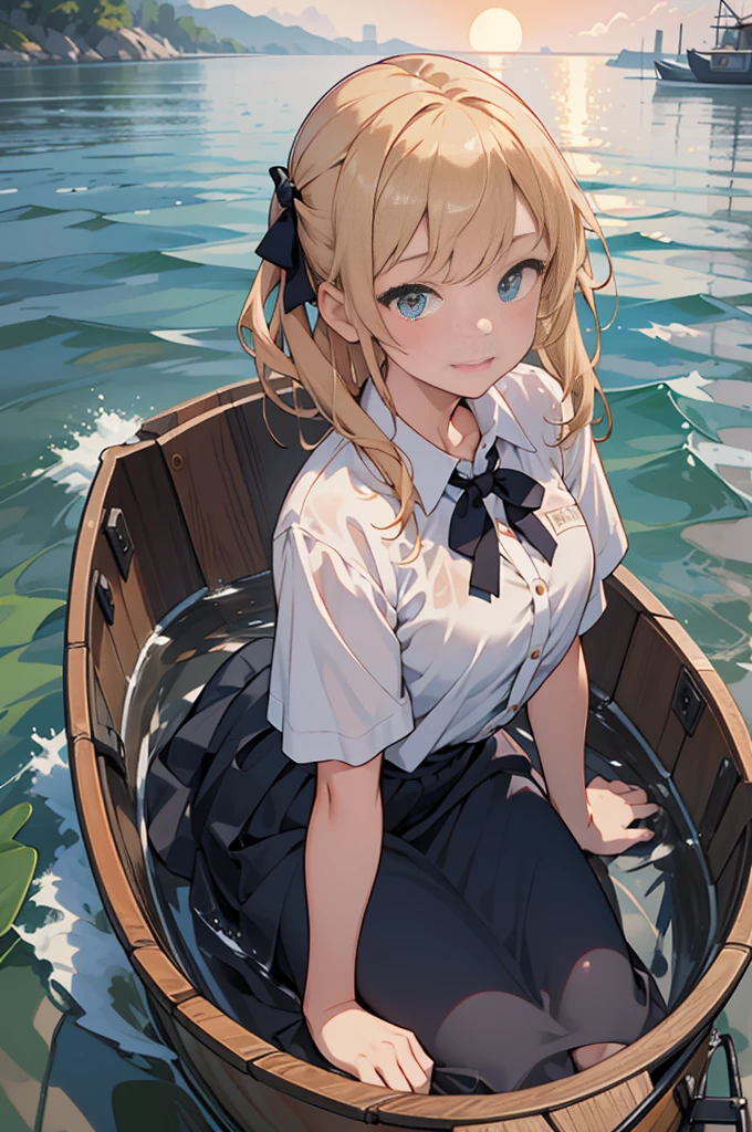 (8k, Ultra-high resolution, super high quality, masterpiece), One girl, cute, Mouth is open, looks fun, Ocean, Sunset, Wavy, soaked, Black Bra, shirt, blouse, ribbon, ゴシックなLong skirt, navy blue, Long skirt, Lots of water all over the body, splash, Soaking wet, Submersion, Lots of water, Water up to my chest, Date, Childlike, The best smile, drenched, Water Play, Ocean, Rowboat, 