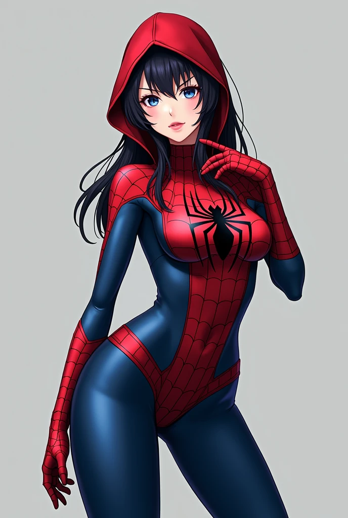 (masterpiece:1.3), (best quality:1.3), high resolution, couboy shot, leaning forward, body facing forward, (one girl:1.3), solo, white skin, big Breast, red-purple hair, very long hair, beautiful hair, violet eyes, beautiful eyes, big eyes, beautiful detailed eyes, big lips, glossy lips, very curvy body, long legs, big butt, wide hips, thick thights, defined image, seductive gaze, spiderman black and gray suit, wears spiderman black and gray spiderman suit, spiderman black and gray costume, indoors, bed, shadowlighting, approaching the object