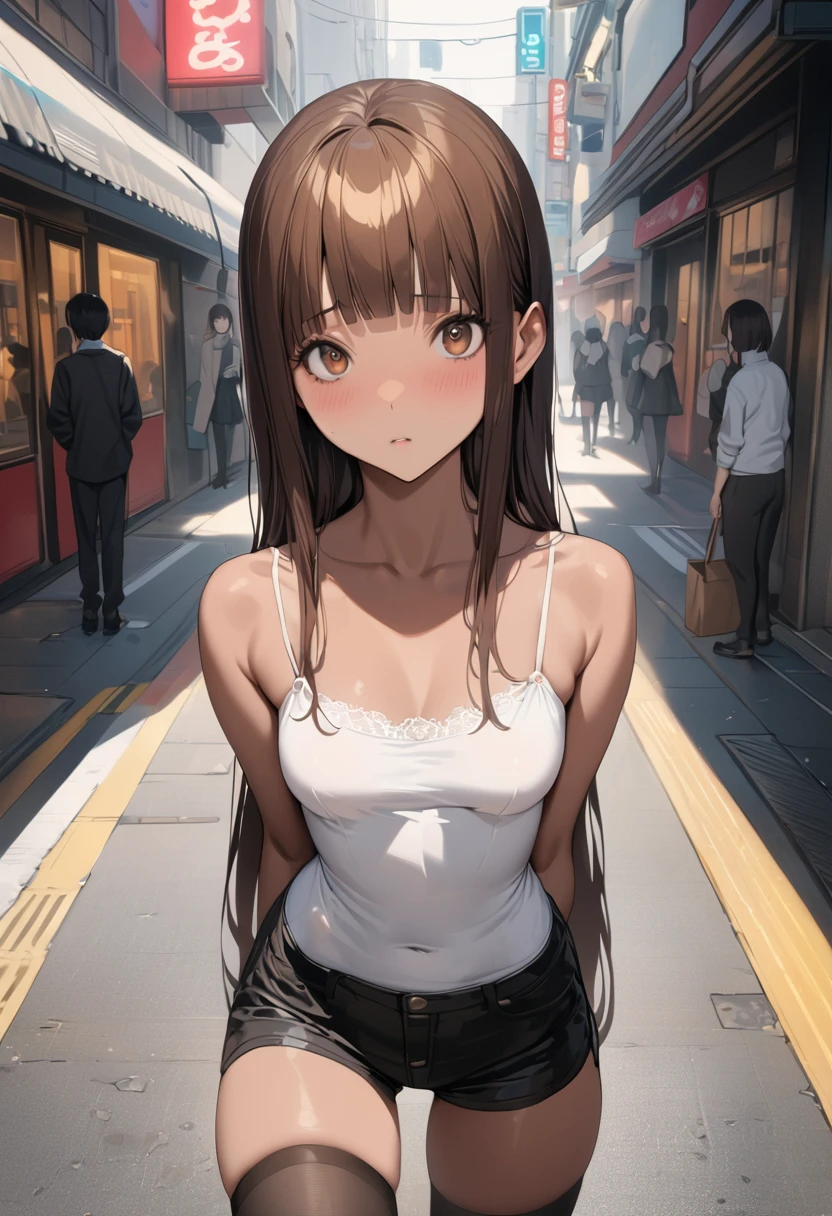 ((masterpiece,best quality anime,Highest quality:1.3)),realistic,cowboy shot,25 year old beauty,独奏,1woman,((very small head:1.3)),((very long body:1.2)),ideal ratio body proportions,tan skin,brown hair,bangs,straight long hair,gorgeous eyes,brown eyes,smile,White T-shirt、Black running shorts,((slender body,skinny,toned body)),small breasts,gleaming skin,、on street,Shibuya Station、、