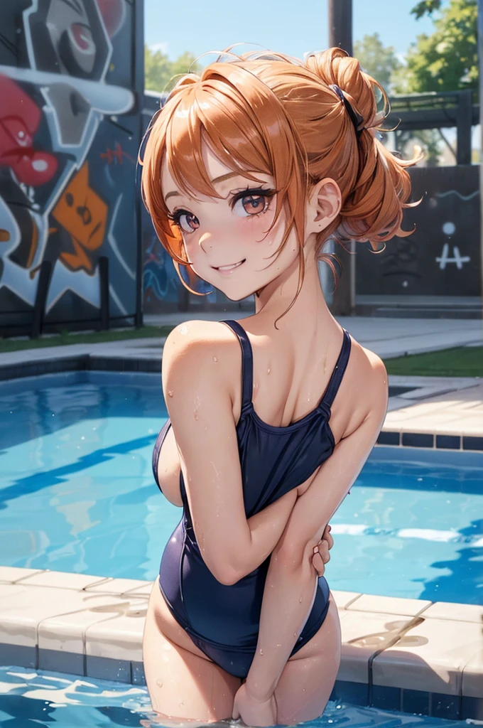 copano rickey \(umamusume\)、Close-up of the butt looking up from below、Get wet all over 1.5.Realistic、squat butt emphasis、13 year old girl、wearing a yellow swimsuit,smile,cleavage emphasis,face reality,lips are a little red,cheeks are a little red,Sexy,pool