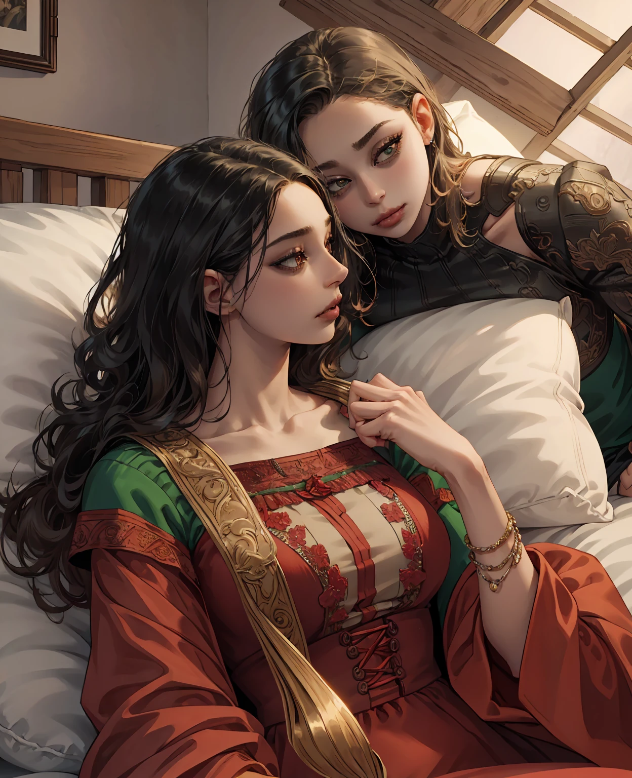 two girl,(bright lighting,romantic setting),dreamy background,,dark hair, mesmerizing gaze, , soft skin, alluring beauty, artistic portrait, high-quality image, vibrant colors,translucent long silk gown, mosquito net, romantic bedroom, sidesuspension,solobound