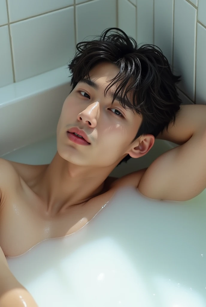 a  boy, Korean face, short black hair and black eyes, naked,sperm on body, in bath,face handsome