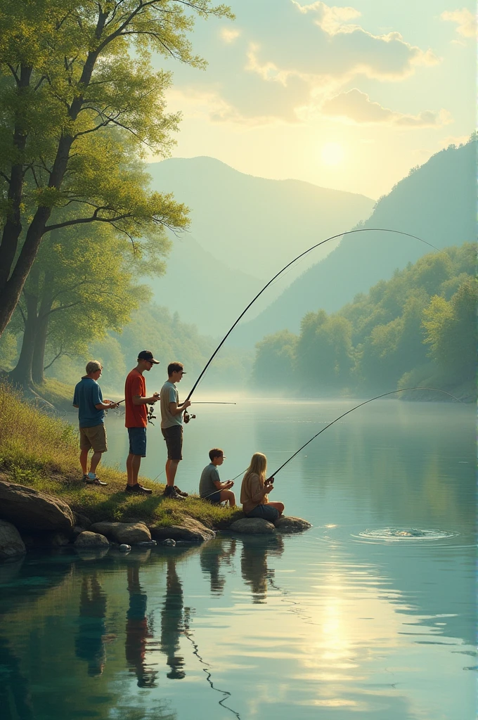 Fish people are fishing from a dock, fishing rods and bait buckets, they are dressed country with blue jean shorts and colorful ball caps. They are catching fish sized naked people from the lake on their fishing lines and posing for photographs holding up their catches
