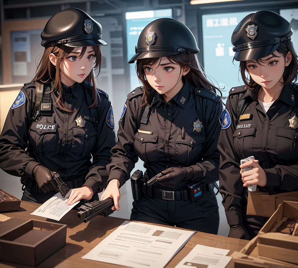 A policeman with a pistol and a doctor with a magnifying glass are back to back，Machine futuristic