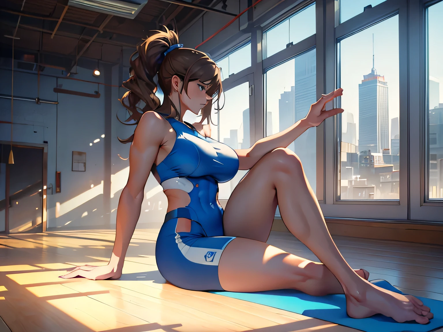 A woman with shoulder-length brown hair, Large Breasts, Wearing a blue, fitted, two-piece sports outfit., in a splits pose on the wooden floor.. She is sitting with one leg stretched out to the side、and the other leg raised high。, He holds her raised leg with one hand.. She seems to be in a yoga or exercise studio with large windows., Natural light、Soft shadows are created. The background depicts an urban landscape., Creates a calm yet dynamic atmosphere. The overall lighting is bright and natural, Emphasize the warm color tones of the scene.