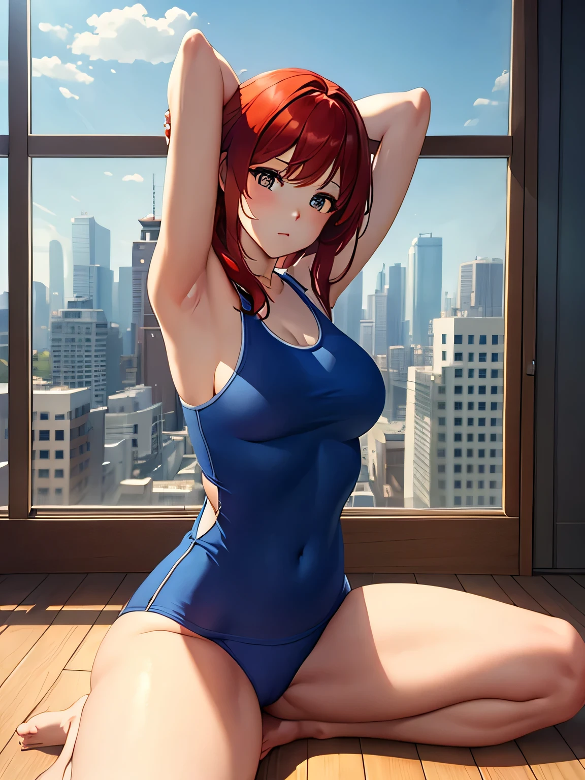 A woman with red hair that reaches her shoulders, Large Breasts, Wearing blue sportswear that fits the body, in a splits pose on the wooden floor.. She is sitting with one leg stretched out to the side、and the other leg raised high。, He holds her raised leg with one hand.. She seems to be in a yoga or exercise studio with large windows., Natural light、Soft shadows are created. The background depicts an urban landscape., Creates a calm yet dynamic atmosphere. The overall lighting is bright and natural, Emphasize the warm color tones of the scene.