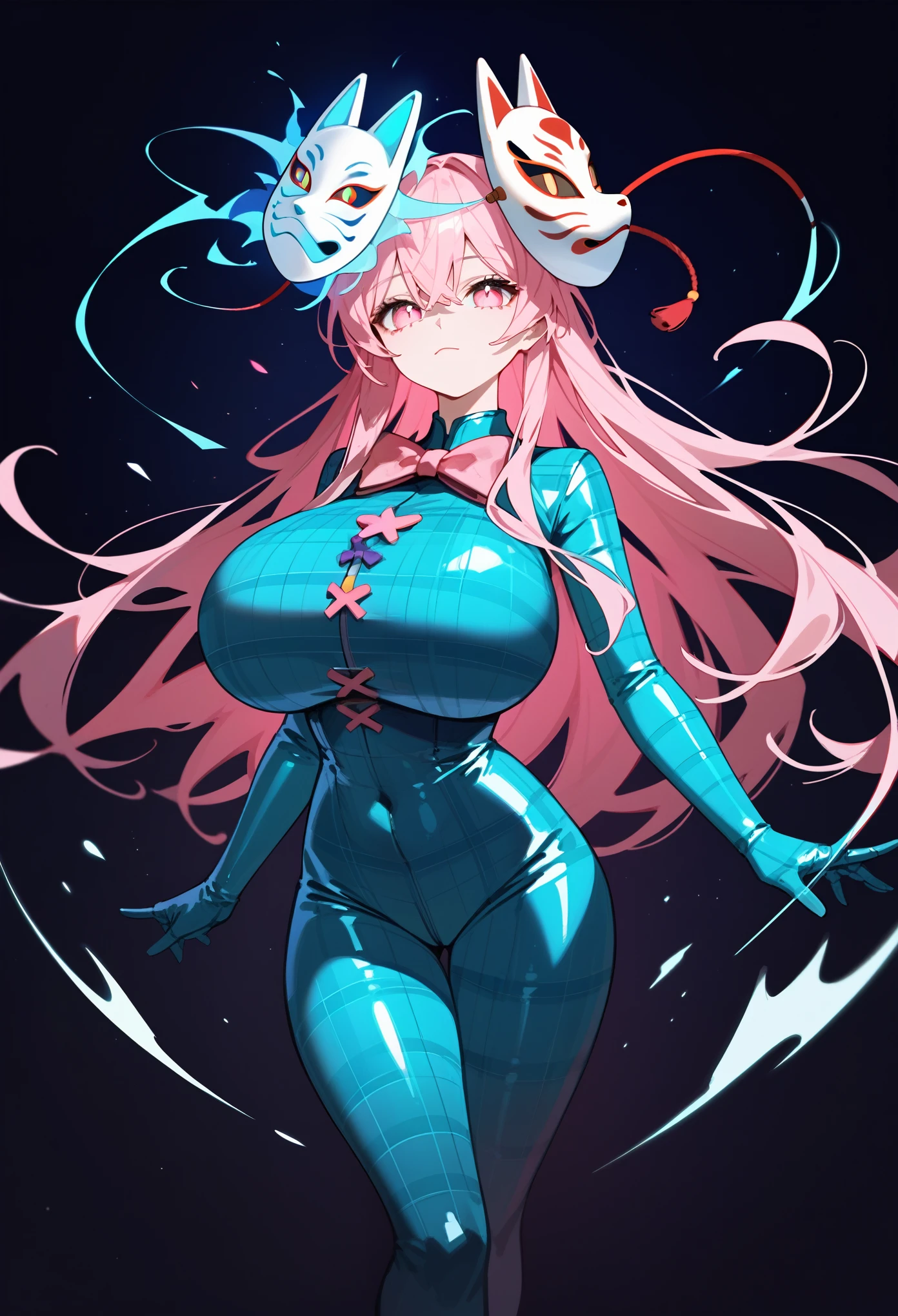 (masterpiece, Highest quality, Ultra-high resolution), 1girl, Hata no Kokoro, fox mask, Pink hair, long hair, pink eyes, Emotionless face, dark background, mask on head, closed mouth, huge breasts, (dark blue latex bodysuit), plaid pattern on suit, The clothes fit perfectly, pink bowtie, Bright red latex has a strong metallic sheen, Glossiness, shiny, whole body slimy,