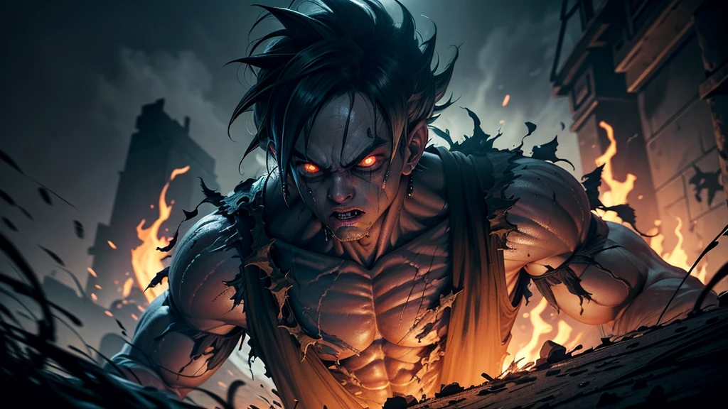 a ghoulish zombie goku from dragonball z, highly detailed, photorealistic, cinematic lighting, dark moody colors, hyper detailed, intricate details, gritty and grimy, horror style, decaying flesh, glowing eyes, tattered clothing, dramatic pose, dynamic composition