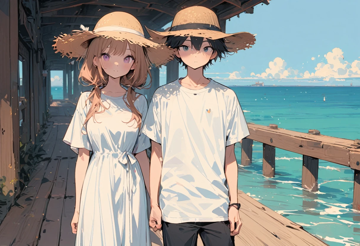 High resolution, masterpiece, Highest quality, Pastel Art:1.3, Pier, A girl in a white dress and a boy in a white T-shirt, Straw hat