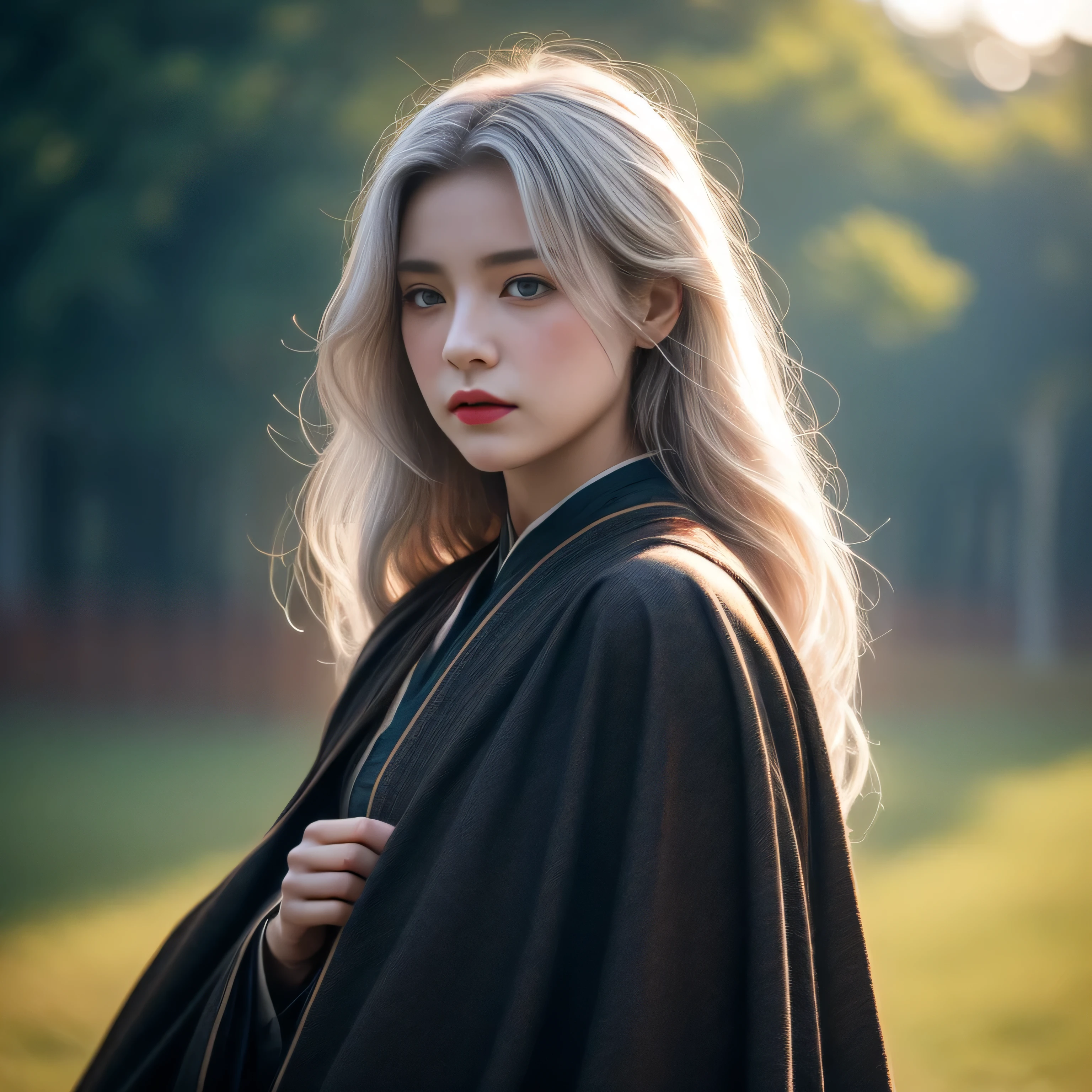 photorealistic, masterpiece, photorealistic, high resolution, soft light, hips up, blue eyes, white hair, long hair, Intricate details EABA, cloaks, short hand-fan, Royal Poet, Hanfu, dandy, floating cloak in wind, sunrise