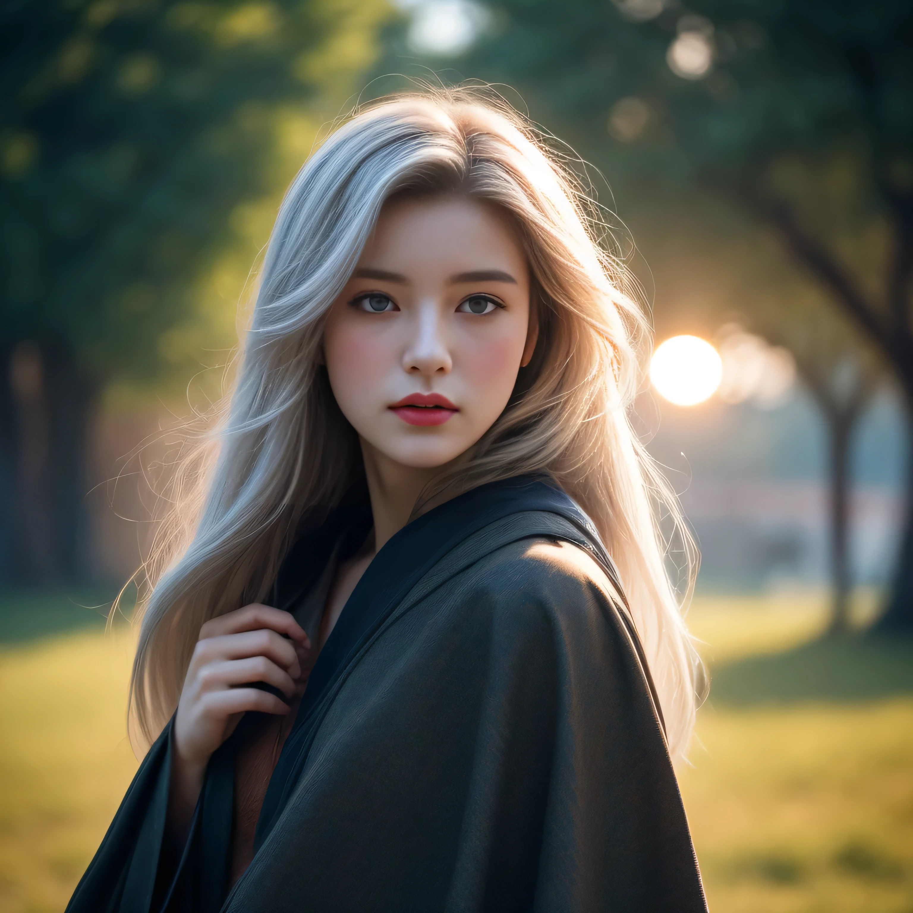 photorealistic, masterpiece, photorealistic, high resolution, soft light, hips up, blue eyes, white hair, long hair, Intricate details EABA, cloaks, short hand-fan, Royal Poet, Hanfu, dandy, floating cloak in wind, sunrise
