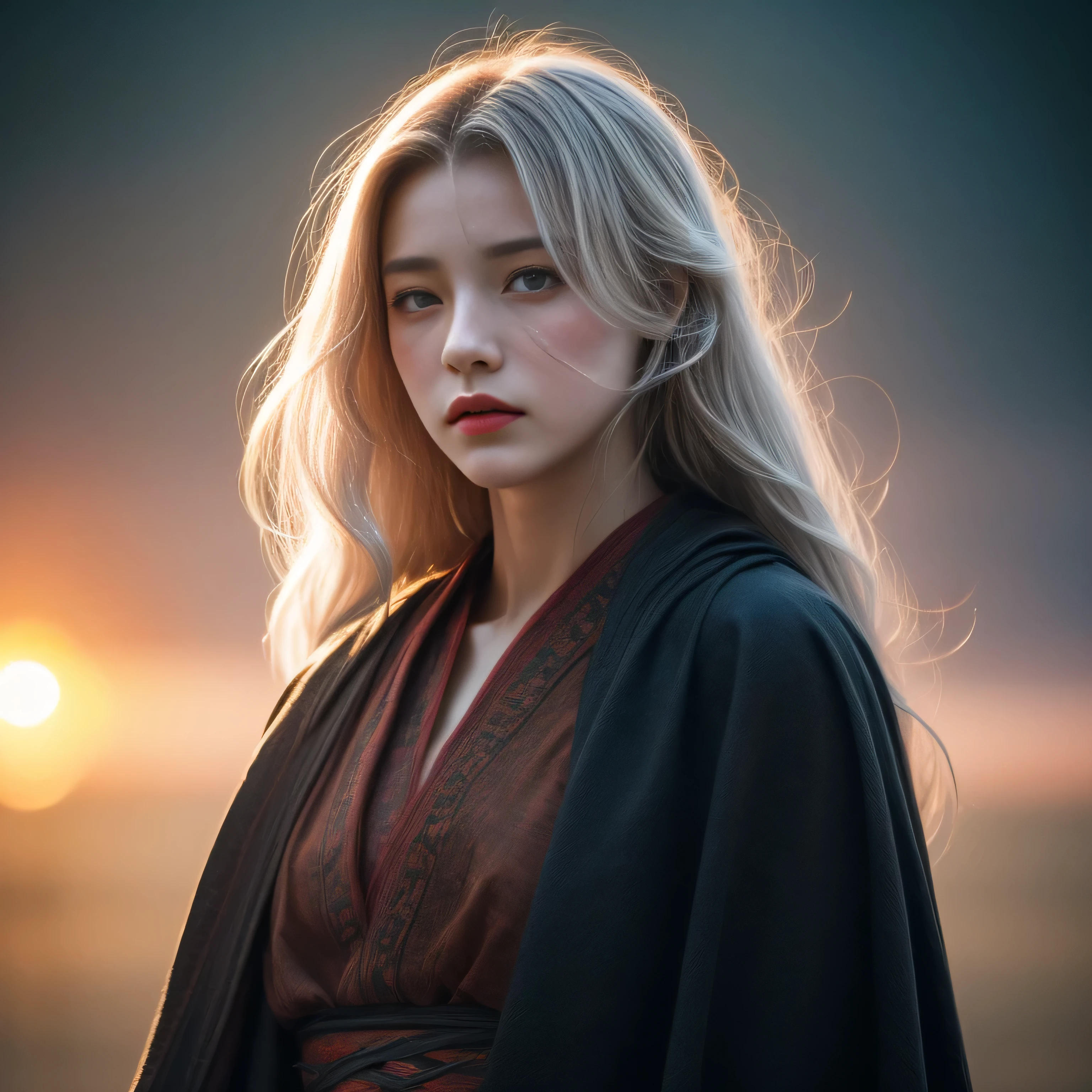 photorealistic, masterpiece, photorealistic, high resolution, soft light, hips up, blue eyes, white hair, long hair, Intricate details EABA, cloaks, short hand-fan, Royal Poet, Hanfu, dandy, floating cloak in wind, sunrise