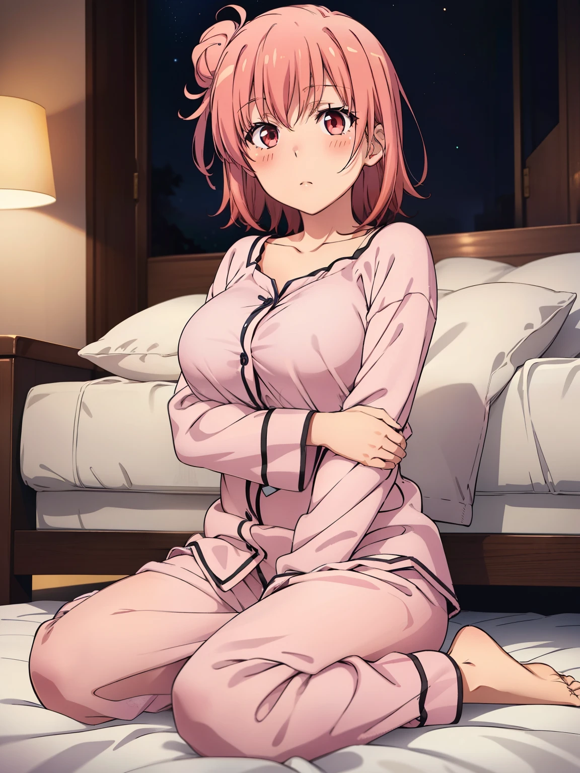 ((Highest quality, High resolution,  Perfect Pixel,  4K)),  (Beautiful Anime Girls), Depth of written boundary、
Watching the audience, 
Perfect body, 

 yuigahama yui, (Big Breasts:1.3)、 short hair, Single hair bun, 

(blush:1.3),　

On the bed、night、

Focus on the chest、

pajamas, Well good, Pink pajamas、bottomless、Open pajamas、

Wariza、