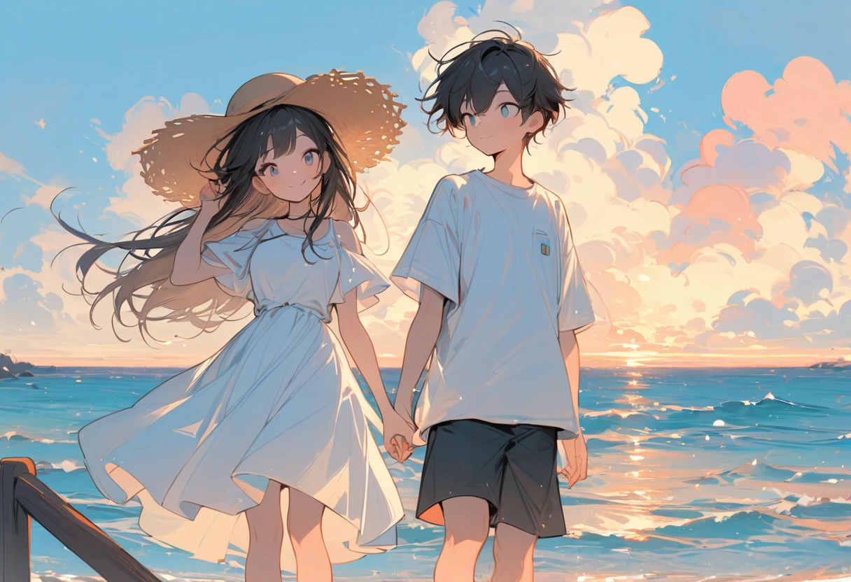 High resolution, masterpiece, Highest quality, Pastel Art:1.3, Pier, A girl in a white dress and a boy in a white T-shirt, Straw hat