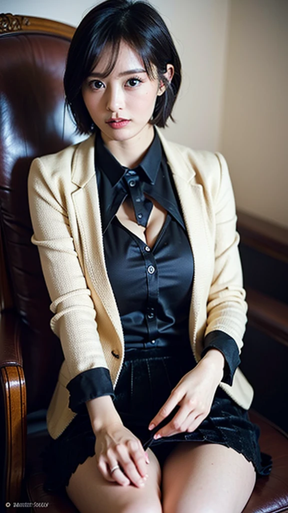 RAW photo, 1 girl, incredibly absurd, 30 years old, beautiful girl, (cute), (short hair), photo shoot, realistic, Depth of the bounds written, High resolution, Super detailed, delicate, very detailed, highly detailed eyes and face, sharp pupils, Realistic Office Lady, sharp focus, dark room, Eye and face details, (velvet blazer), mini skirt, cowboy shot full body, (wind lift:1.6), cameltoe, sitting on a chair with knees up, lace underwear, stare, (Big breasts that are about to burst), Close-up, perfect body, shot from below