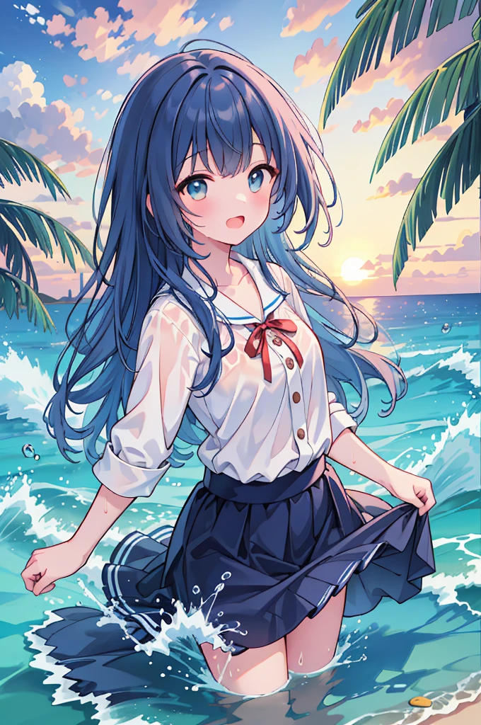 (8k, Ultra-high resolution, super high quality, masterpiece), One girl, cute, Mouth open, looks fun, Ocean, Sunset, Wavy, soaked, Buttons closed, shirt, sleeve, blouse, ribbon, ゴシックなLong skirt, navy blue, Long skirt, Lots of water all over the body, splash, Soaking wet, Submersion, Lots of water, Water up to my chest, Date, like, The best smile, Water Play, Ocean, 