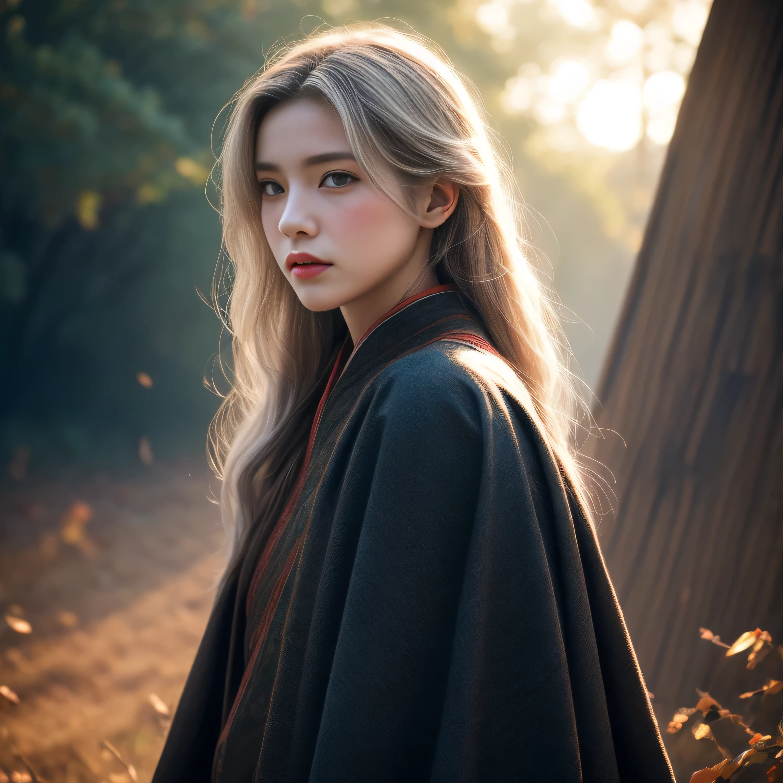 photorealistic, masterpiece, photorealistic, high resolution, soft light, hips up, blue eyes, white hair, long hair, Intricate details EABA, cloaks, short hand-fan, Royal Poet, Hanfu, dandy, floating cloak in wind, sunset