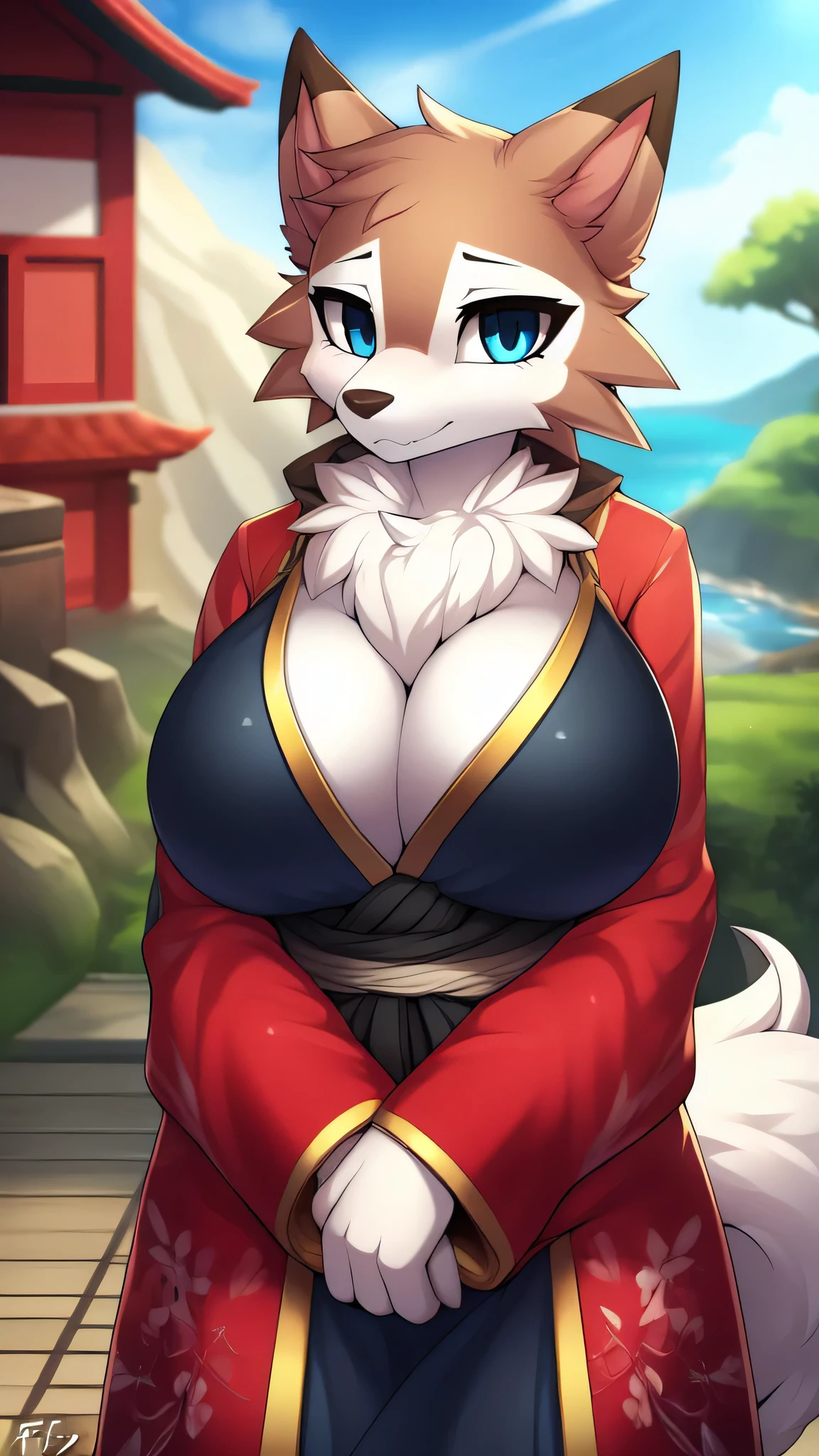 By zinfyu,by twistedscarlet60, uploaded on pixiv, by fluff-kevlar, (masterpiece), (best quality), (solo female:1.2), (extremely detailed:1.3),(detailed eye,black circle on eye,blue eyes),lycanroc midday,  Front view, view on viewer, close view, shy face, full body on potrait, only body and head, close view,  , big breast, wearing kimono,japan vibe,