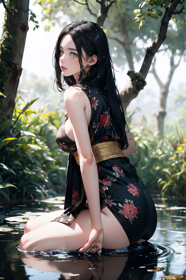 1 female，Large Breasts（background：In the woods，Rainforest，in spring，） She has short black hair，Wheat bran，Straight hair，Red lips，Stubborn，Front view， Dark Sky，（（（masterpiece），（Niti 8K Wallpaper，Plenty of CG detail），最high quality，Light，详细background，Beautiful Eyes，（Very delicate and beautiful），（Beautifully detailed eye depiction），Detailed，masterpiece，）），Facecamea，High resolution，Detailed），nude， Protruding nipples，Camel Toe，Sexy bulge，Japanese Princess（wear：，Black transparent kimono，tights，Gold crown）最high quality, high quality, High resolution, Beautiful woman, Attention to detail, Good lighting, Obscene, Endless, , Bare thighs, Bare arms, (((I got wet))), (((Peeing on yourself))), (((Fluid running down the legs), Urine stains, (puddle), (Thick thighs), really long legs, lipstick, Delicate face, Pretty face, My face flushed with embarrassment, Humiliated,